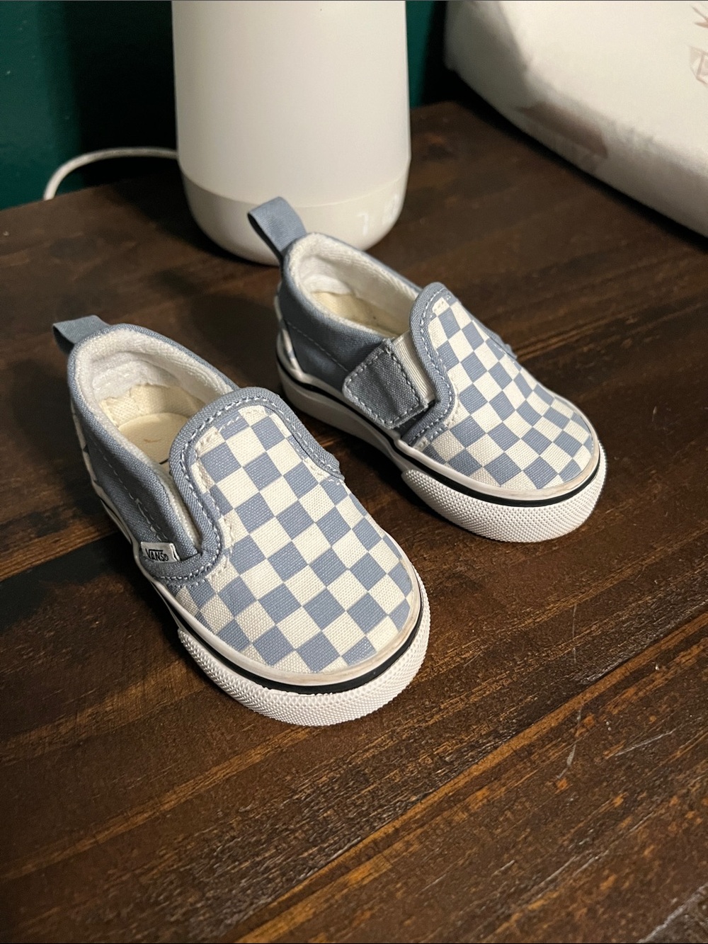 Vans Kids Slip-On Checkerboard Sneakers — Light Blue & White